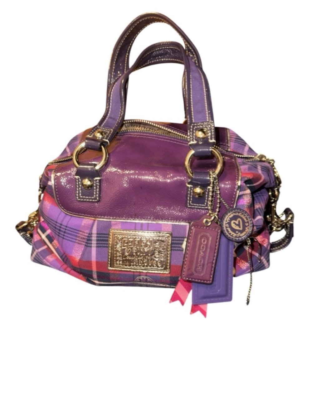 Coach Poppy Tartan Purple Plaid Satchel with Magenta Accents 4 hang tags - Picture 8 of 16